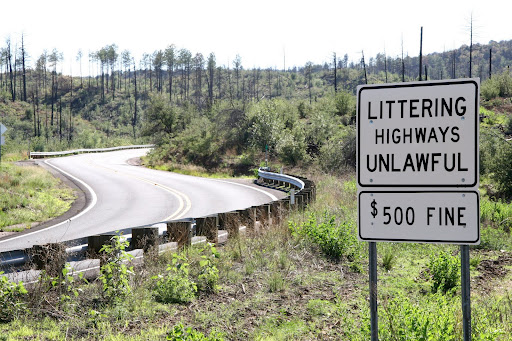 A roadside sign reads Littering Highways Unlawful. $500 Fine near a curved road surrounded by grassy and wooded terrain.
