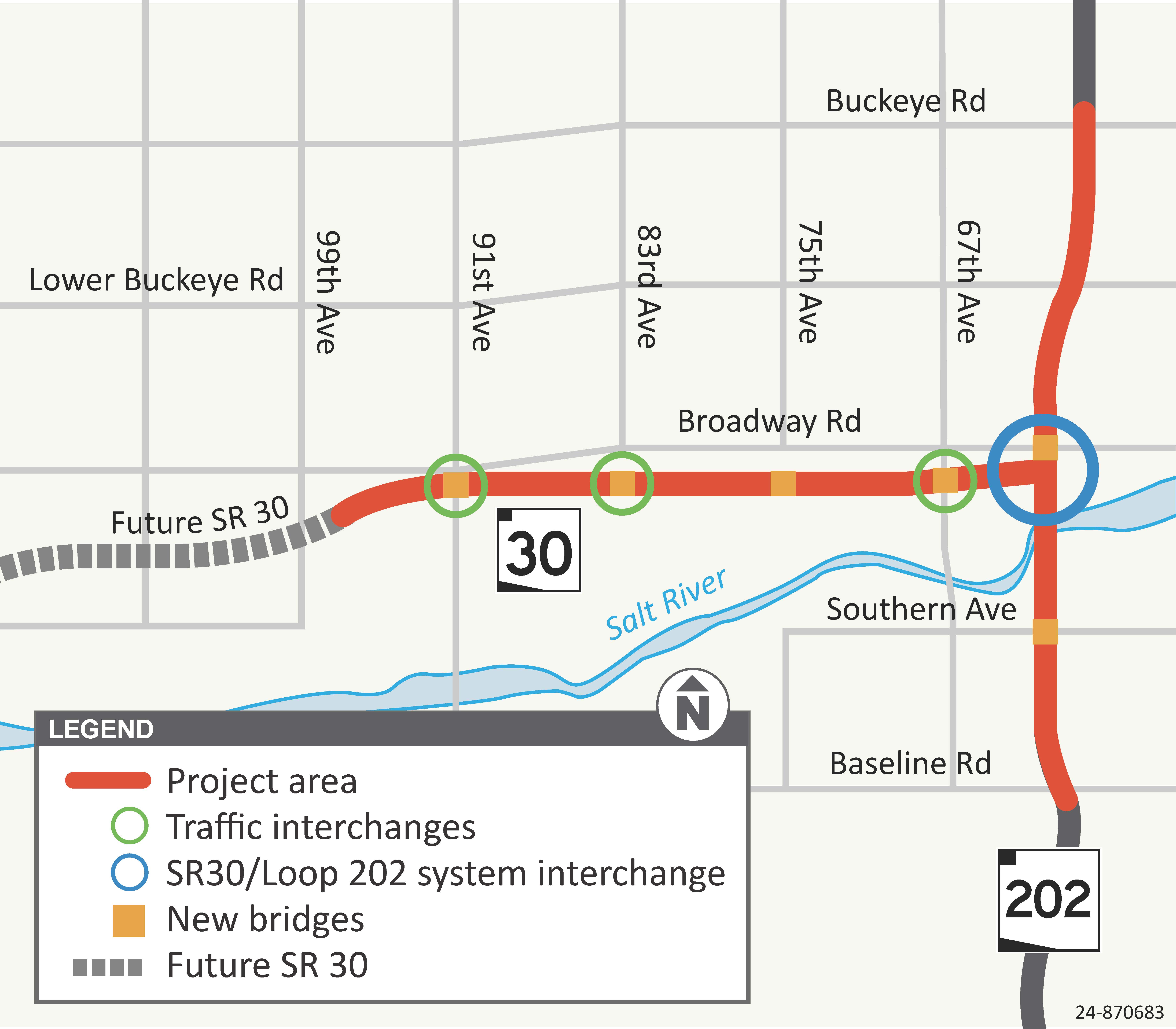 Map showing the SR 30, 97th Avenue to Loop 202 project area.