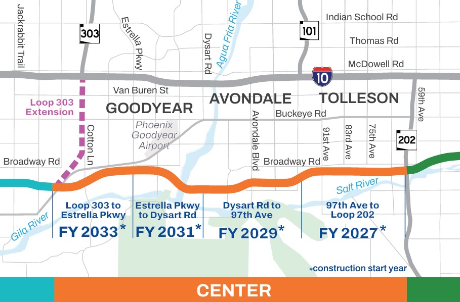 Map showing the center section of SR 30, between Loop 303 and Loop 202