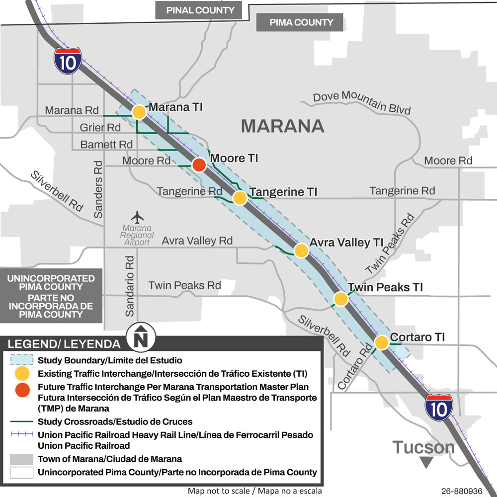 Map showing the I-10 corridor through Marana, Arizona, with existing and planned traffic interchanges, study boundaries, and major cross streets from Cortaro Road to Marana Road.