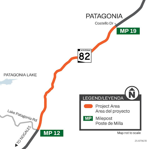 ADOT Map showing a pavement project on Arizona State Route 82, from Lake Patagonia Road at milepost 12.3 north to milepost 19 near Patagonia, planned for late spring 2026.