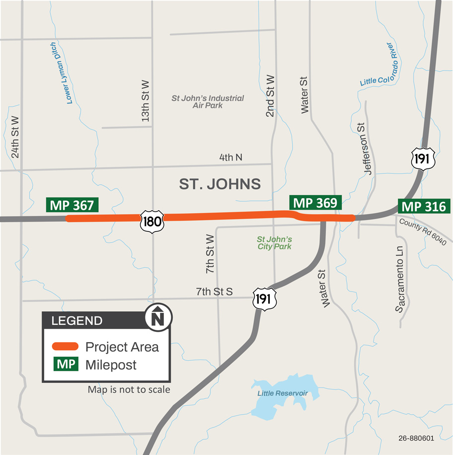Map showing the pavement rehabilitation project area along US 180 (Cleveland Street) and US 191 (Commercial Street) in St. Johns, Arizona, from 24th West Street to the Little Colorado River overpass east of Water Street.