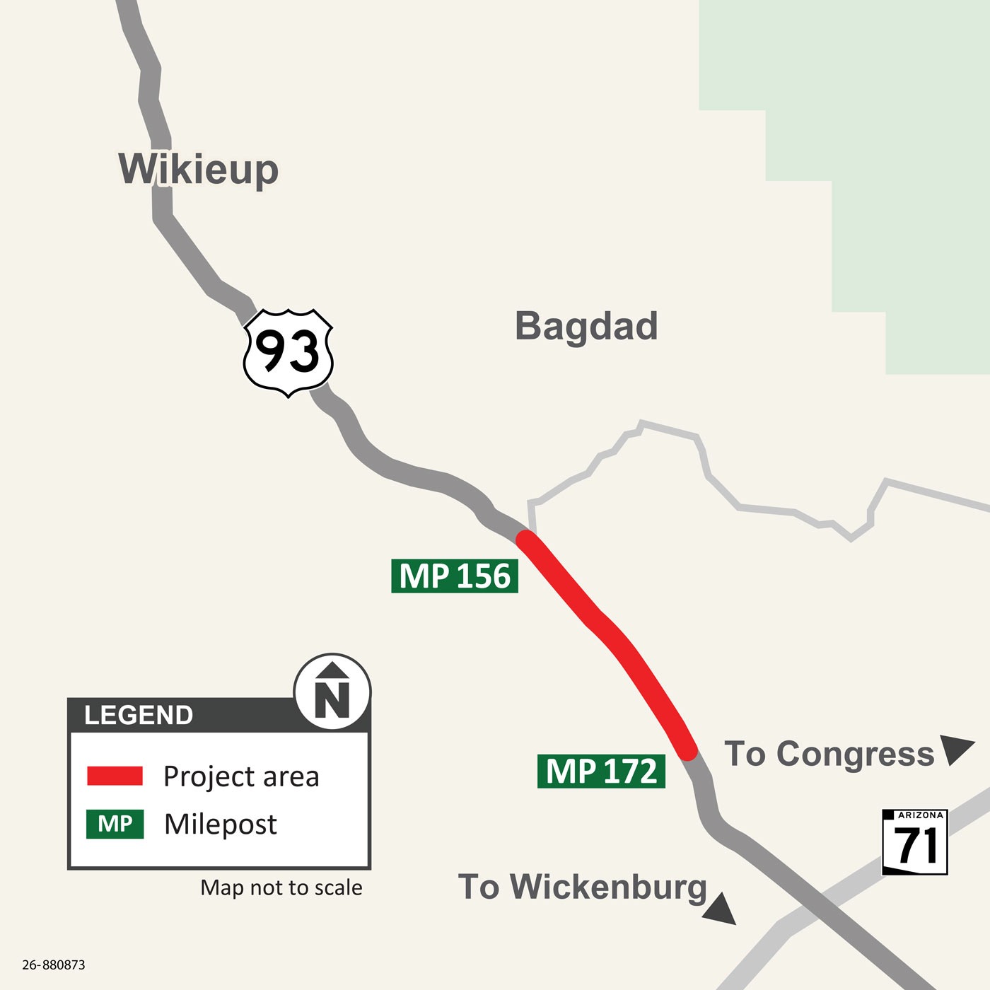 ADOT Map showing the US 93 pavement project area between Placeritas Creek and Date Creek near Baghdad, Arizona, with mileposts 156 and 172.