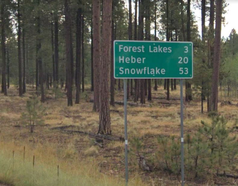 Road sign Forest Lakes Heber and Snowflake