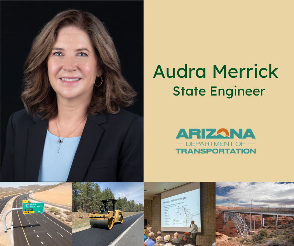 Portrait of State Engineer Audra Merrick with image of highway construction and planning. 