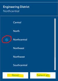 Engineering District dropdown menu with Northcentral selected and reset and select all buttons visible