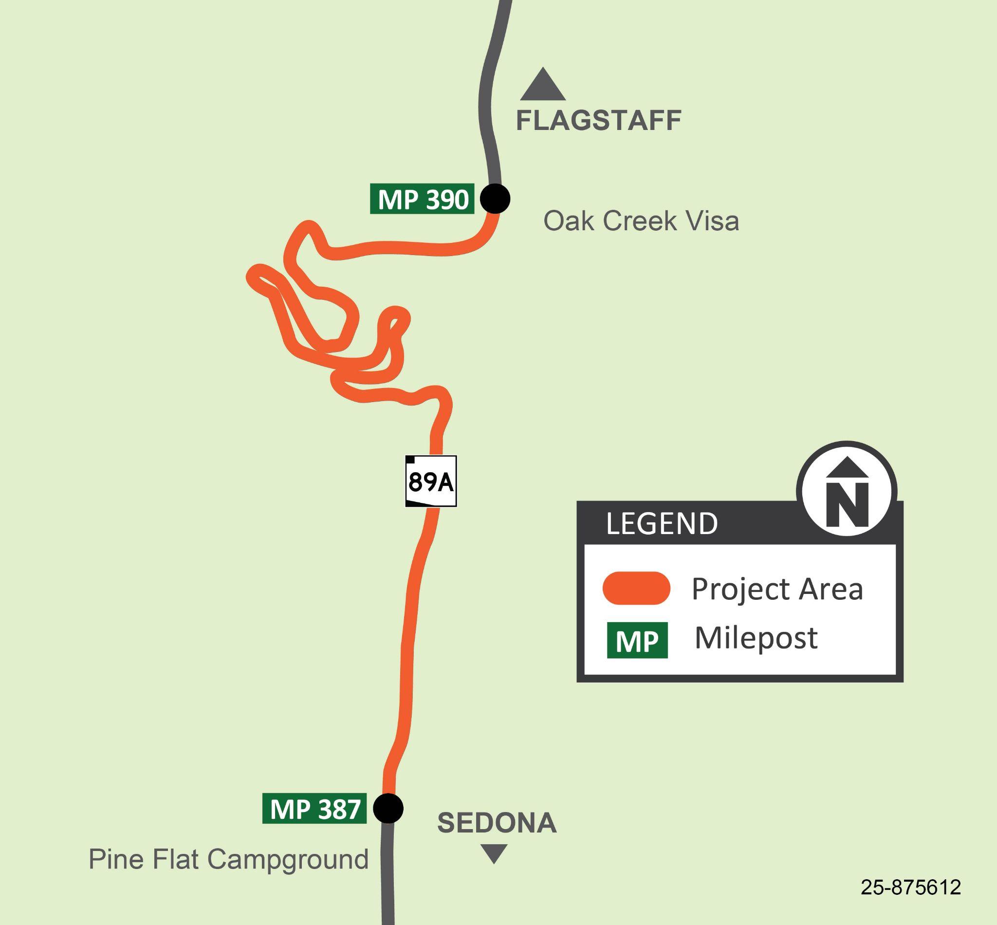 Map of State Route 89A near Sedona showing the section between mileposts 387 and 390 where guardrail replacement work will occur.