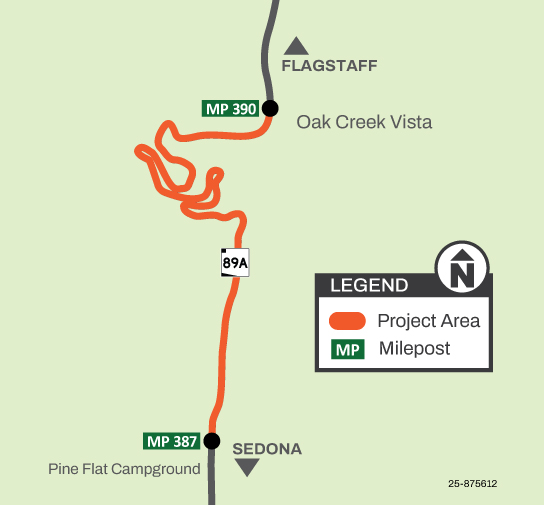 Map of State Route 89A near Sedona showing the section between mileposts 387 and 390 where guardrail replacement work will occur.