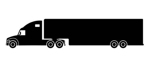 A semi-trailer truck. The front cab is connected to a long, rectangular box trailer, with multi-axle wheels.