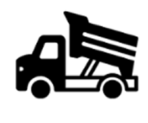 A dump truck, with its rear cargo bed raised to a tilted unloading position.