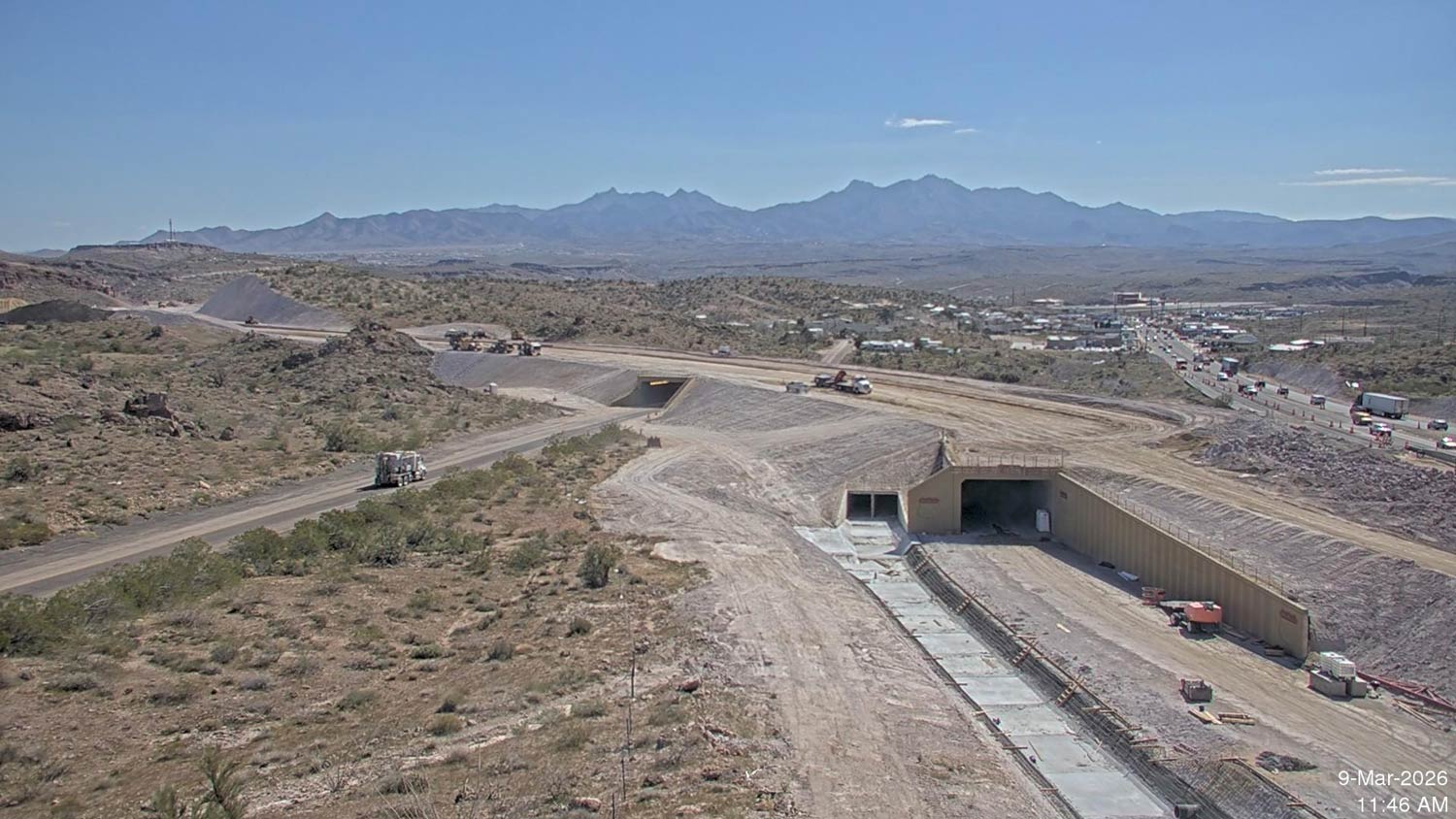Aerial view of construction progress at the I-40 and US 93 West Kingman Traffic Interchange.