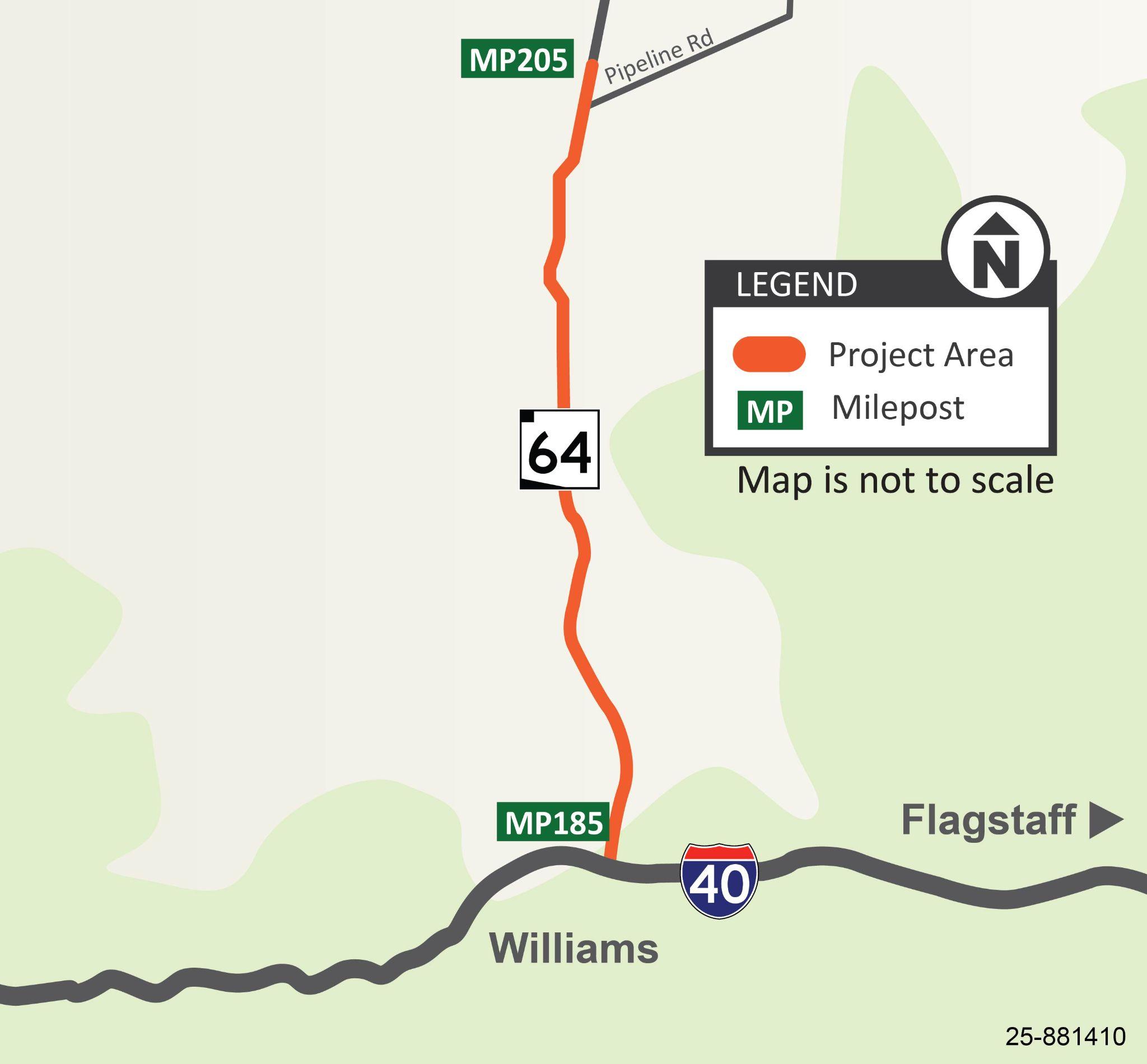 Map showing a project area highlighted in orange along US 160 from milepost MP321 near Tuba City and Moenkopi to milepost MP335 within Navajo Nation. A legend identifies the project area and mileposts, and the map notes it is not to scale.