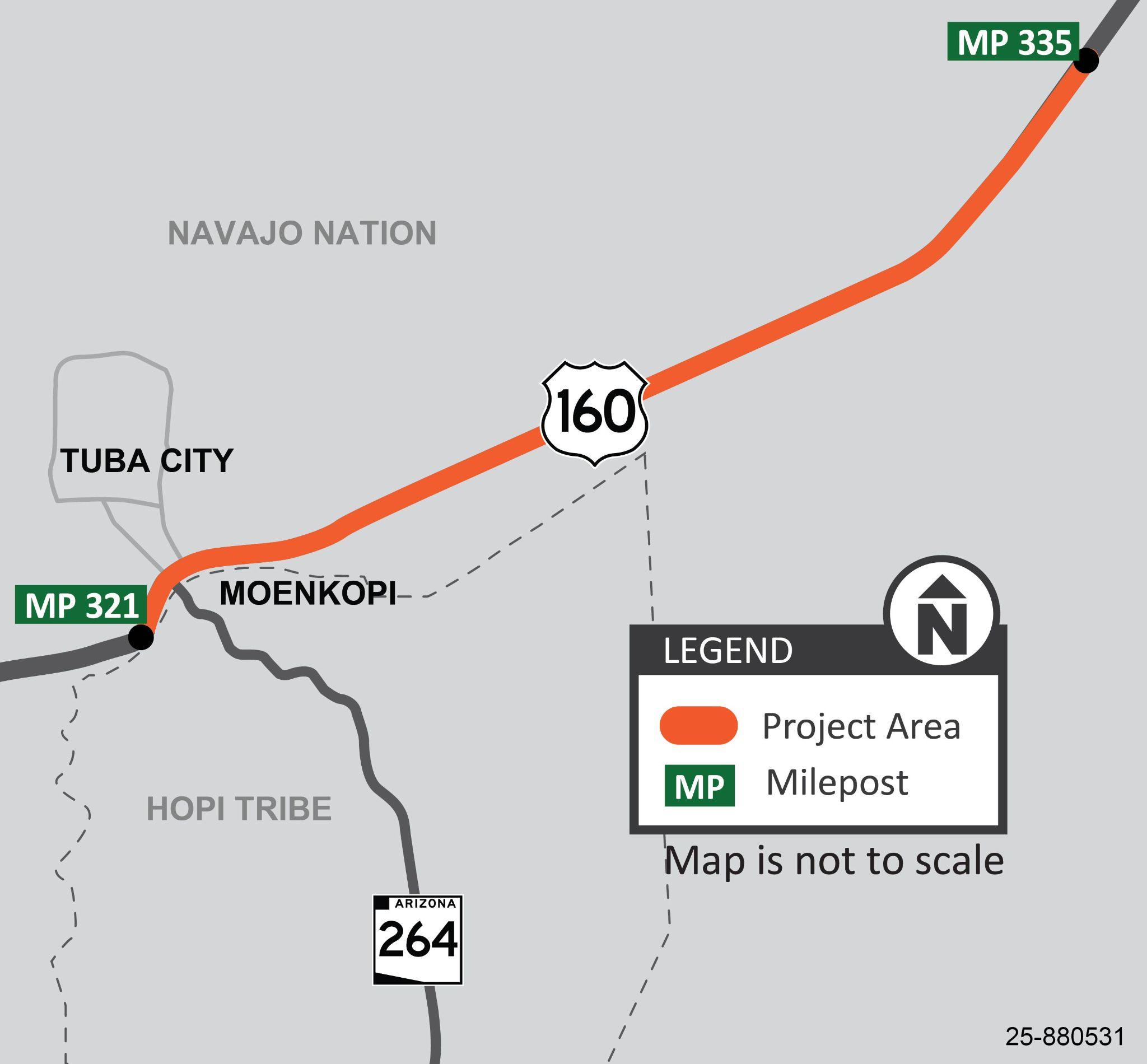 Map showing a project area highlighted in orange along US 160 from milepost MP321 near Tuba City and Moenkopi to milepost MP335 within Navajo Nation. A legend identifies the project area and mileposts, and the map notes it is not to scale.
