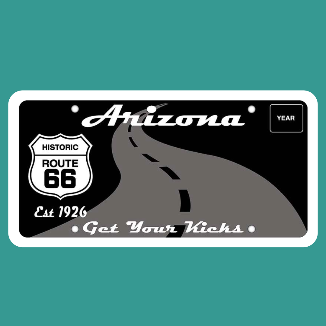 Image of Route 66 license plate on turquoise square background.