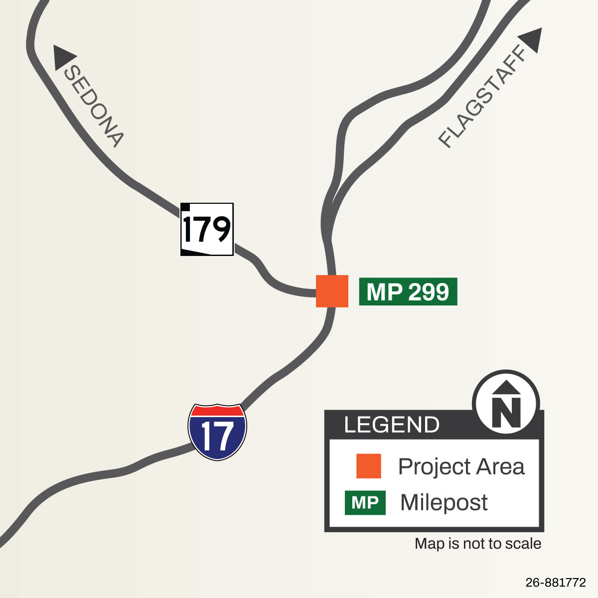 Map of the I-17 and SR 179 interchange project area near milepost 299 between Sedona and Flagstaff