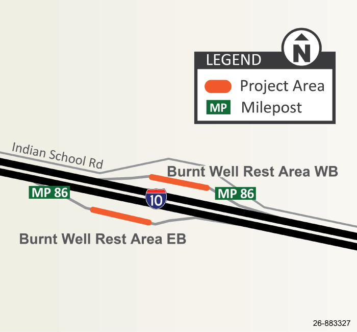 Map of the Interstate 10 Burnt Wells Rest Area project area at milepost 86 in Tonopah, Arizona.