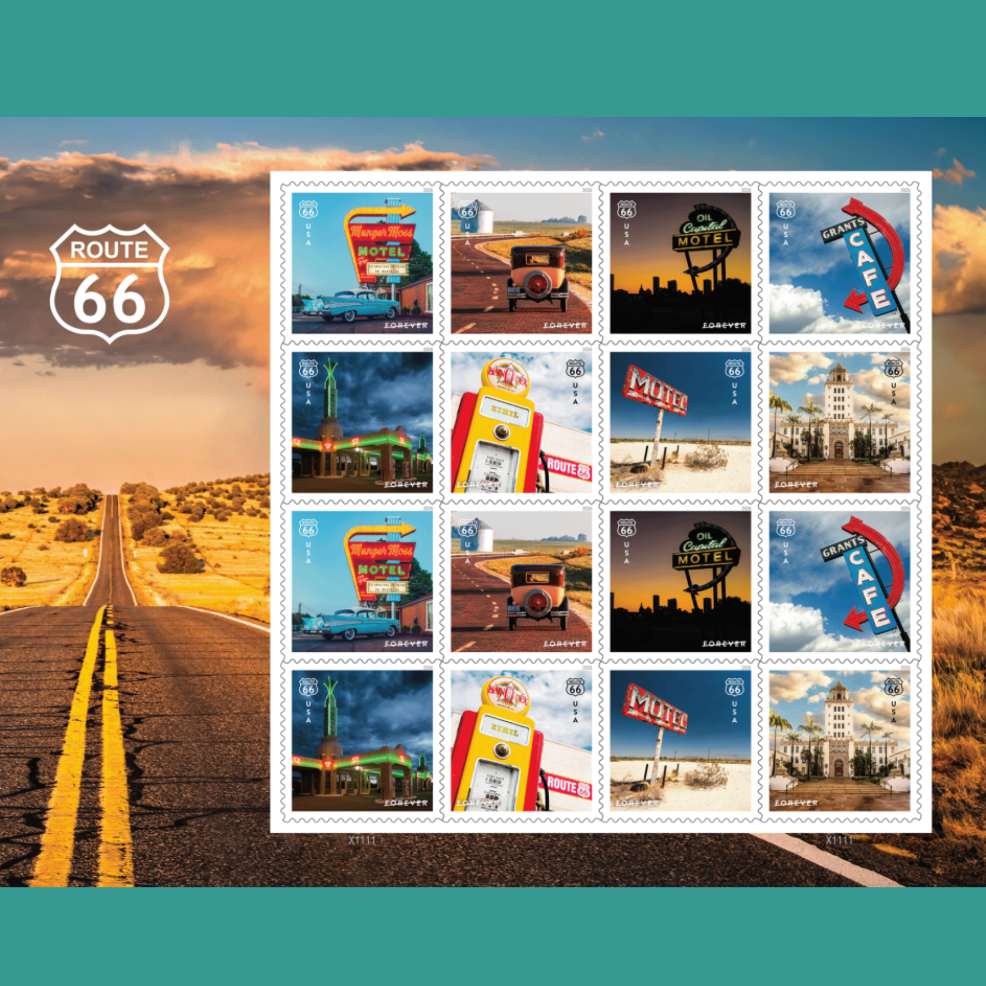 Image of USPS stamp pane featuring eight different stamps.