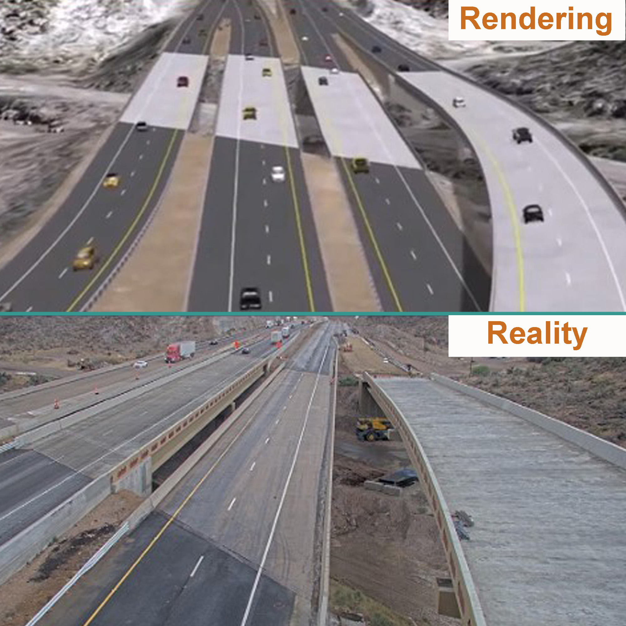 Image showing rendering versus actual photo of a portion of the I-40/US93 interchange in Kingman