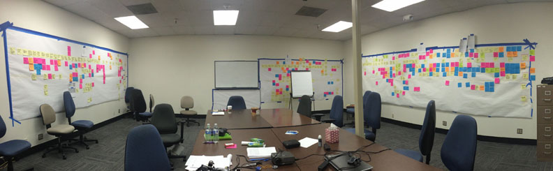 MVD office with colored Post It notes on wall