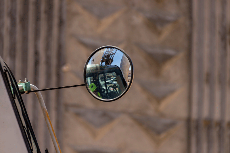 Bridge pier in rearview mirror