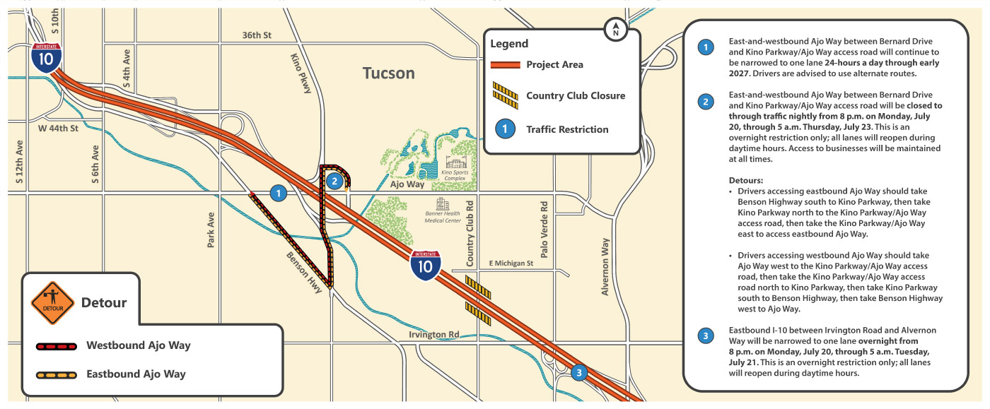 Traffic Alerts for I-10: Kino to Country Club Alerts Map July 19-25