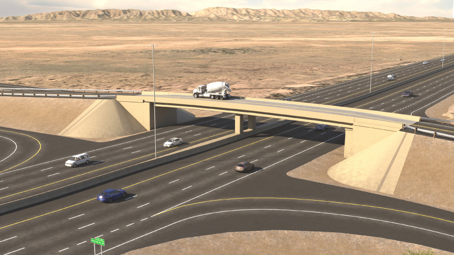 Aerial rendering of the Mammoth Way overpass crossing SR 347 in a desert landscape. The image shows the grade-separated interchange with curved entrance and exit ramps, multiple highway lanes carrying vehicle traffic, and an overpass bridge spanning the roadway.