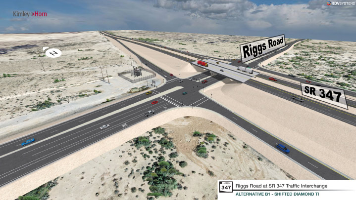 Aerial rendering of the proposed Riggs Road and SR 347 traffic interchange, shown as a shifted diamond configuration in a desert setting. The image depicts Riggs Road crossing over SR 347 on a bridge, with signalized intersections, directional ramps, multiple travel lanes, and vehicles moving through the interchange.