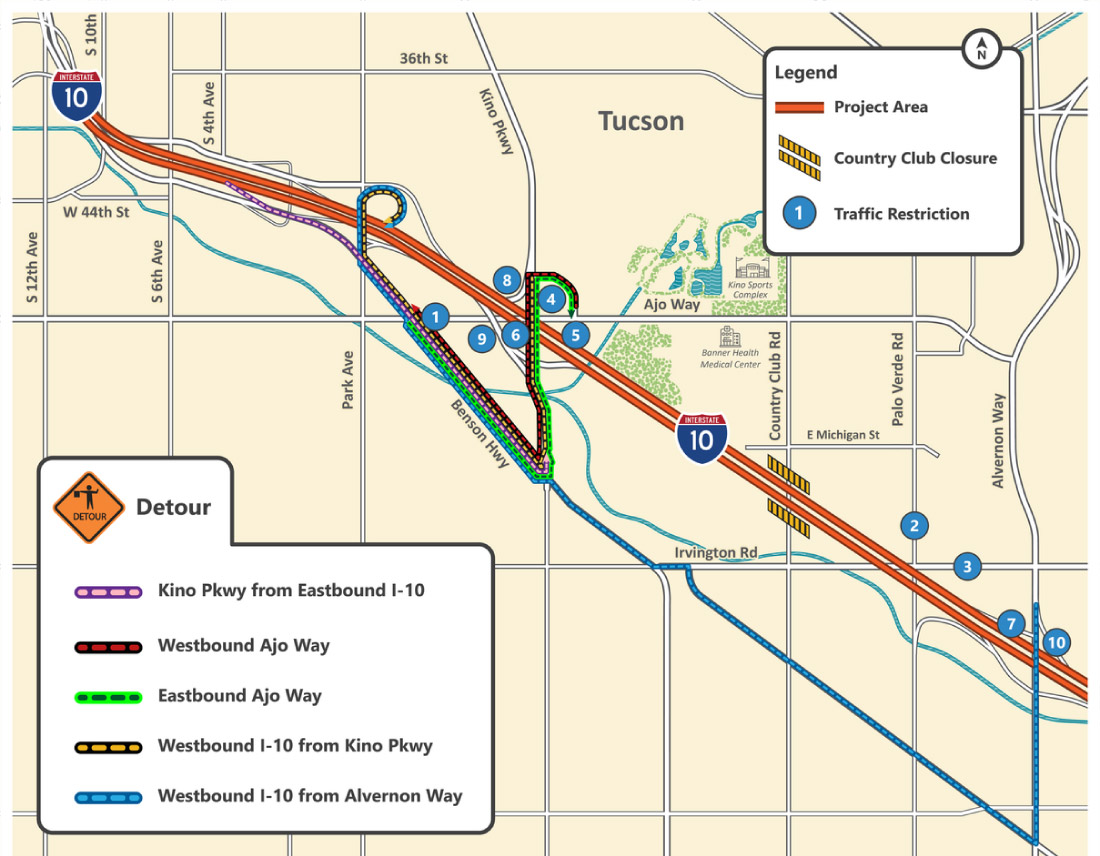 Detours Map restrictions on Interstate 10 between Park Avenue and Alvernon Way, Sept. 24 - Oct. 2