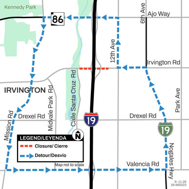 Map showing the Irvington Road closure at Interstate 19 in Tucson and the detour route using Mission Road, Valencia Road, 12th Avenue and Ajo Way