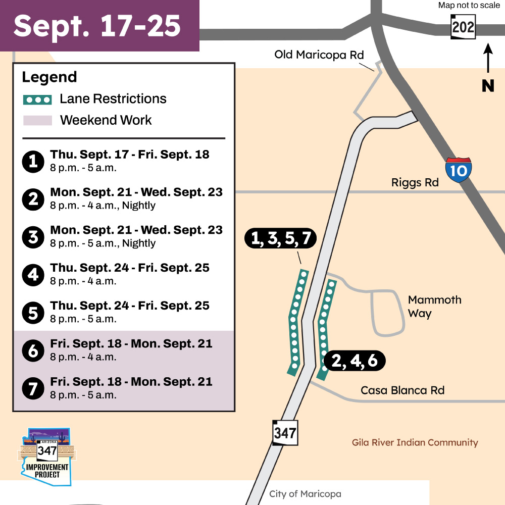 Detour Map for SR 347 Improvement Project showing lane restrictions scheduled Sept. 17-25