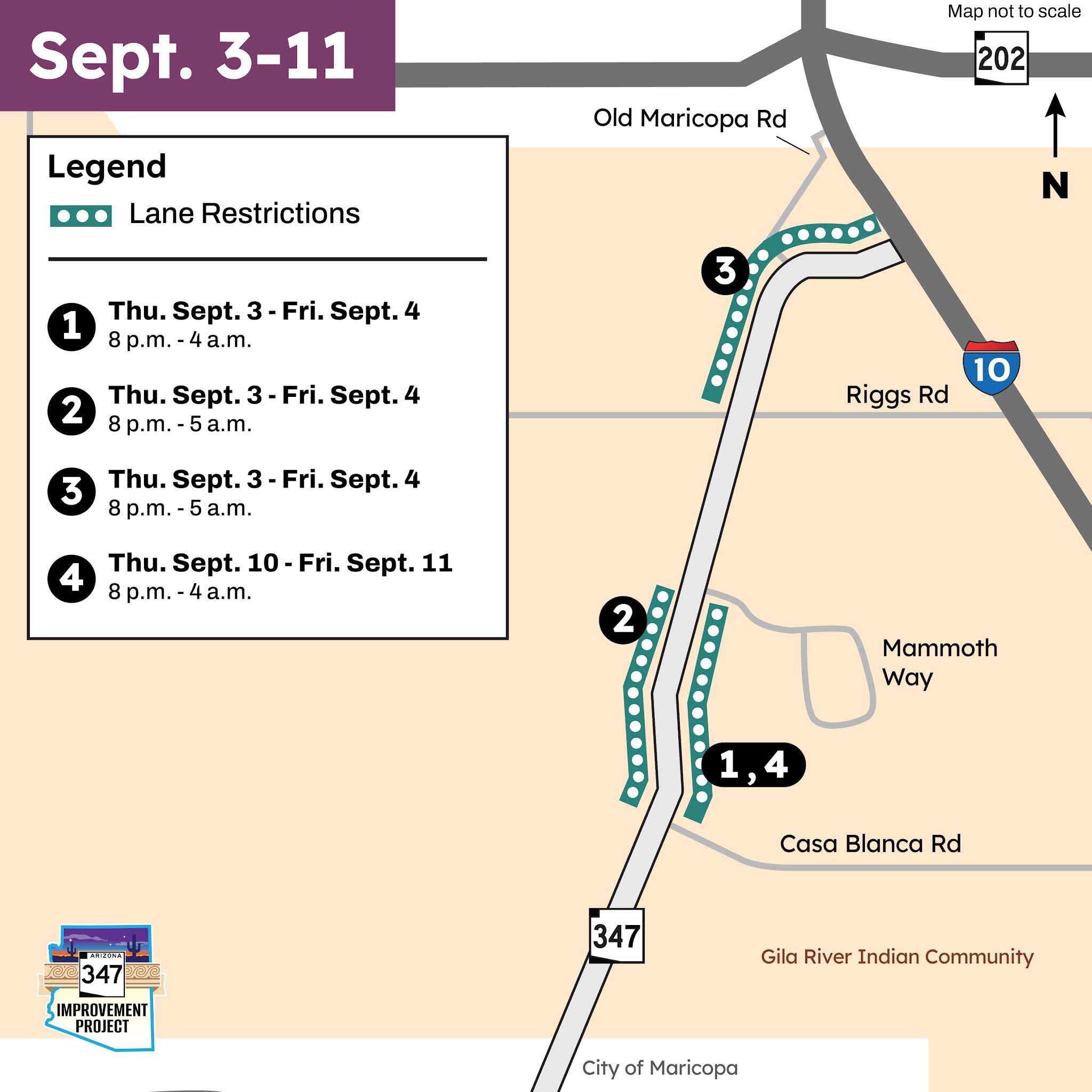 SR 347 Detours Map - Drivers travelling on SR 347 should plan for overnight lane restrictions Sept. 3, and Sept. 10