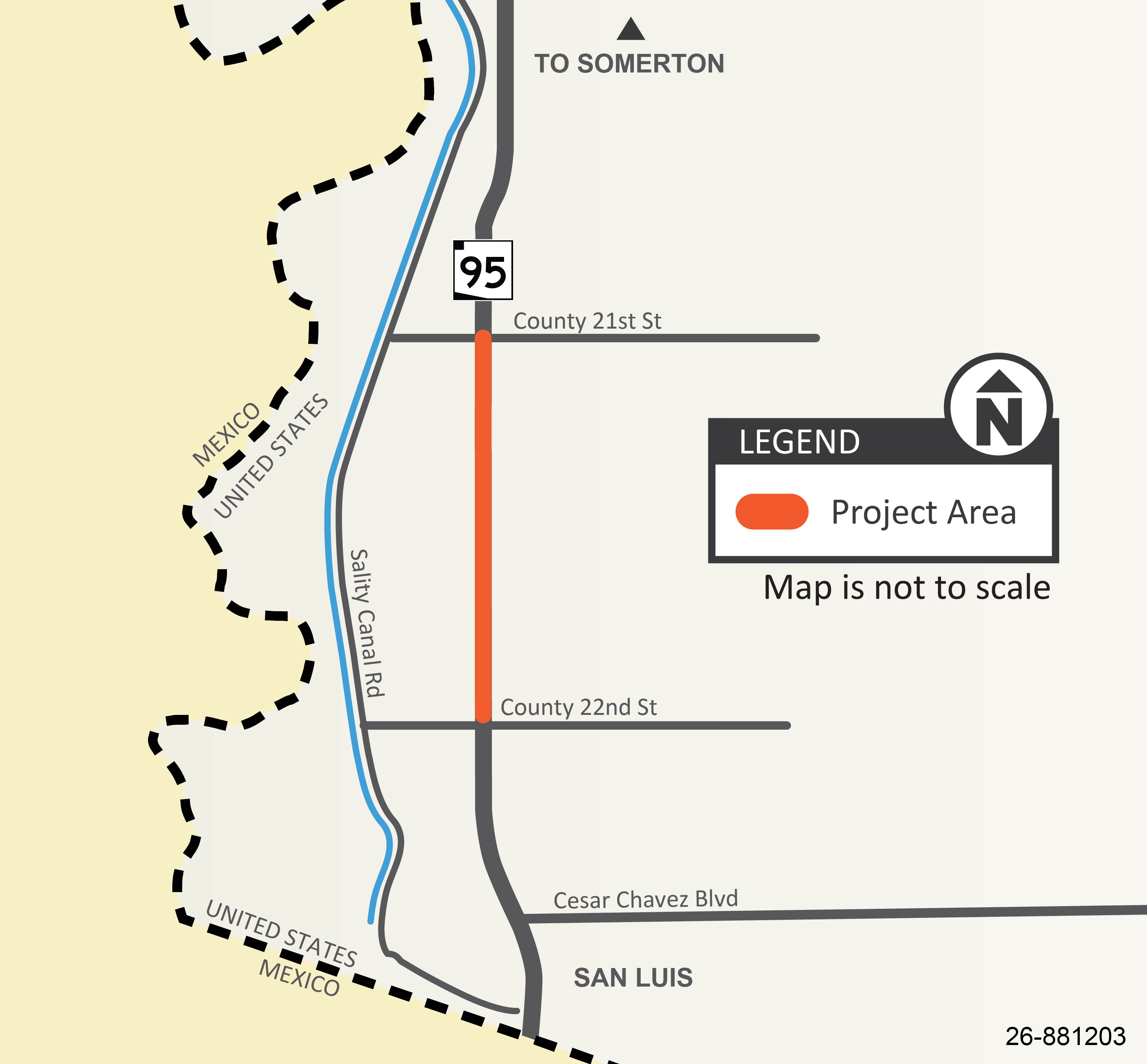 Project map showing US 95 between County 21st Street and County 22nd Street in San Luis, Arizona