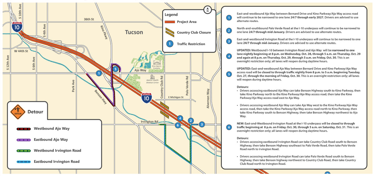 I-10: Kino to Country Club  Lane Restrictions (Oct. 25-31)