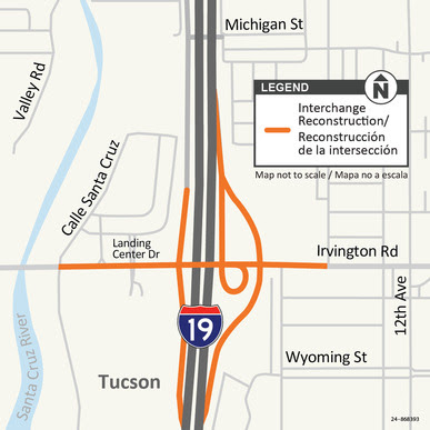 Map showing the Irvington Road closure at Interstate 19 in Tucson and the detour route using Mission Road, Valencia Road, 12th Avenue and Ajo Way