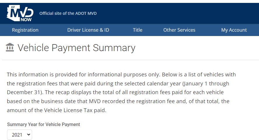 Vehicle tax info screenshot