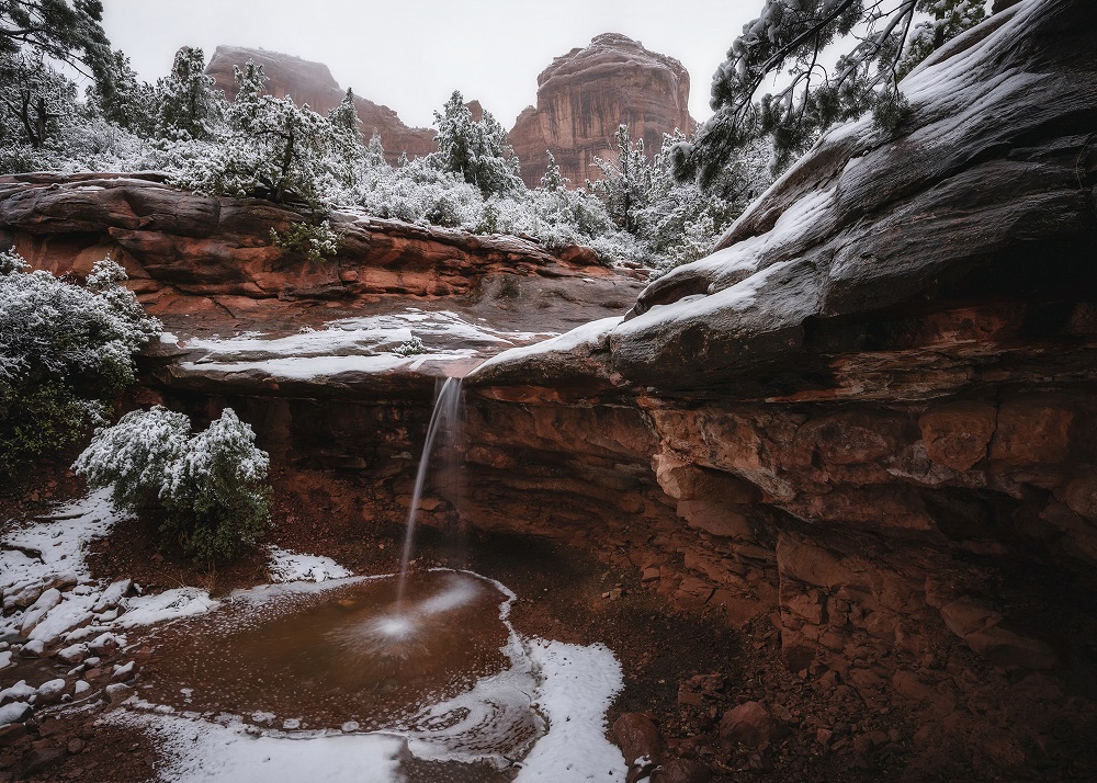 Waterfall in snow-covered Sedona