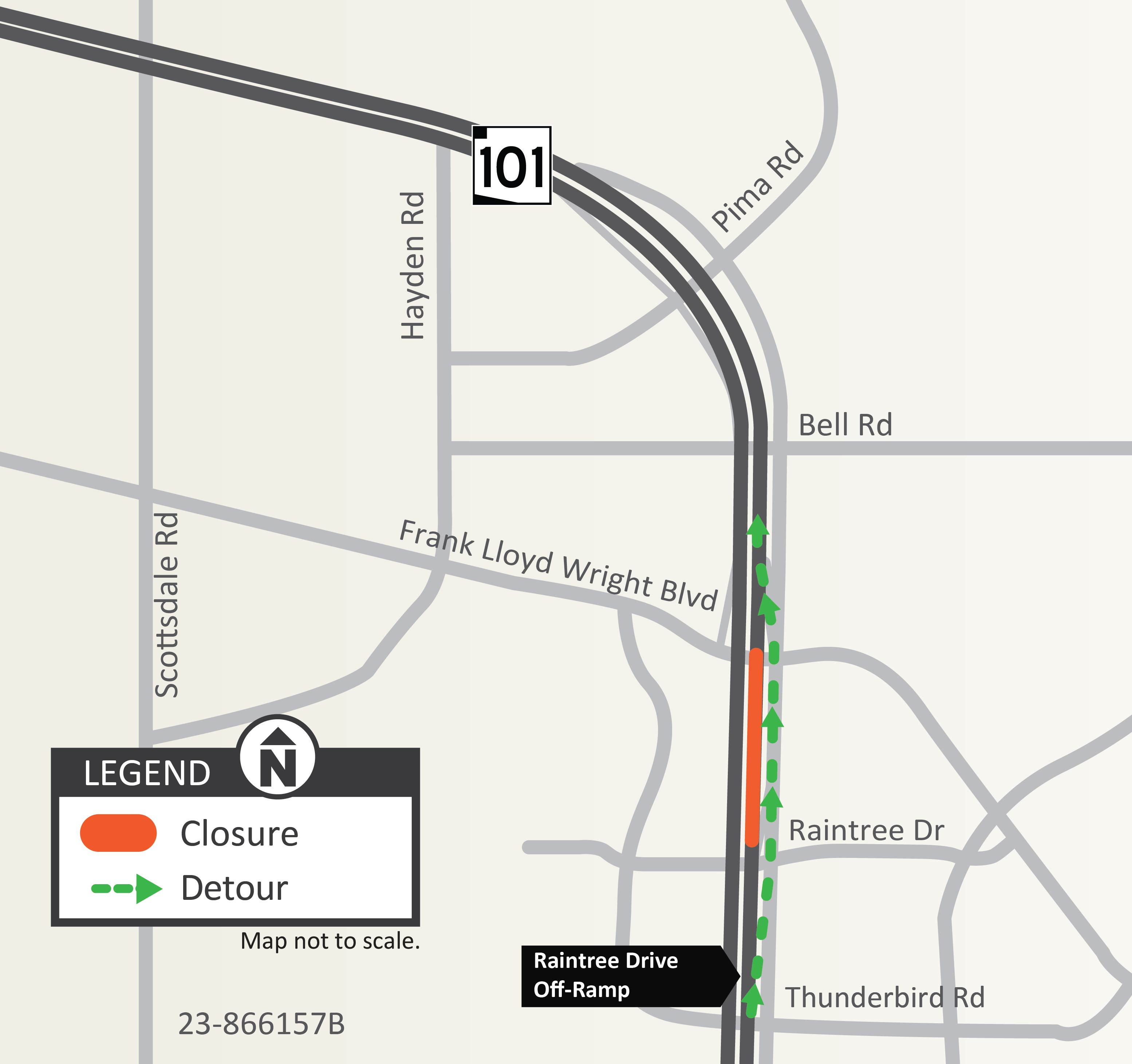 Map showing the closure of northbound Loop 101 and the recommended detour
