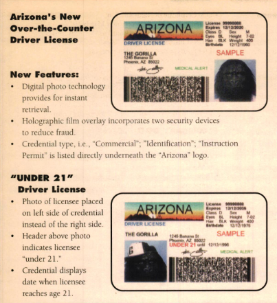Scanned page from a 1997 driver license manual listing features of the license design.