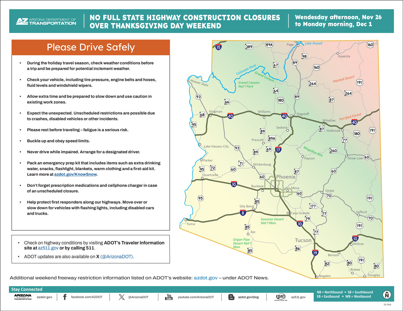 ADOT's Weekend Freeway Travel Advisory Map (Nov. 26-Dec. 1, '25) Thanksgiving Weekend