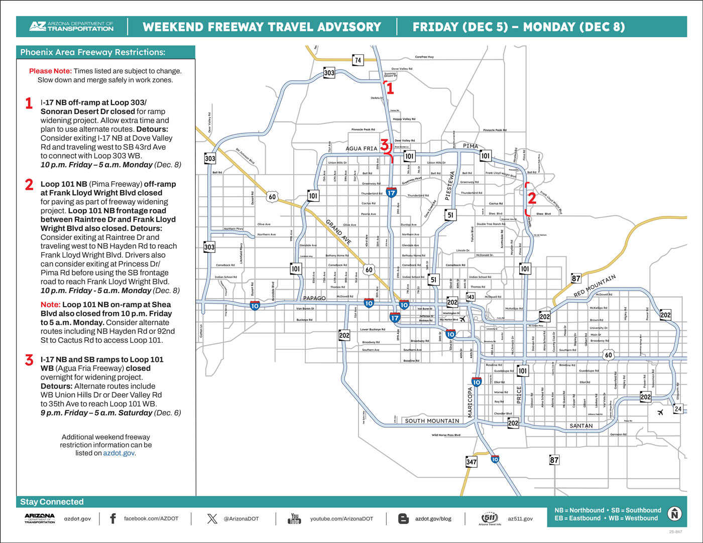 ADOT's Weekend Freeway Travel Advisory Map (Dec. 5-8, '25) The Phoenix Area