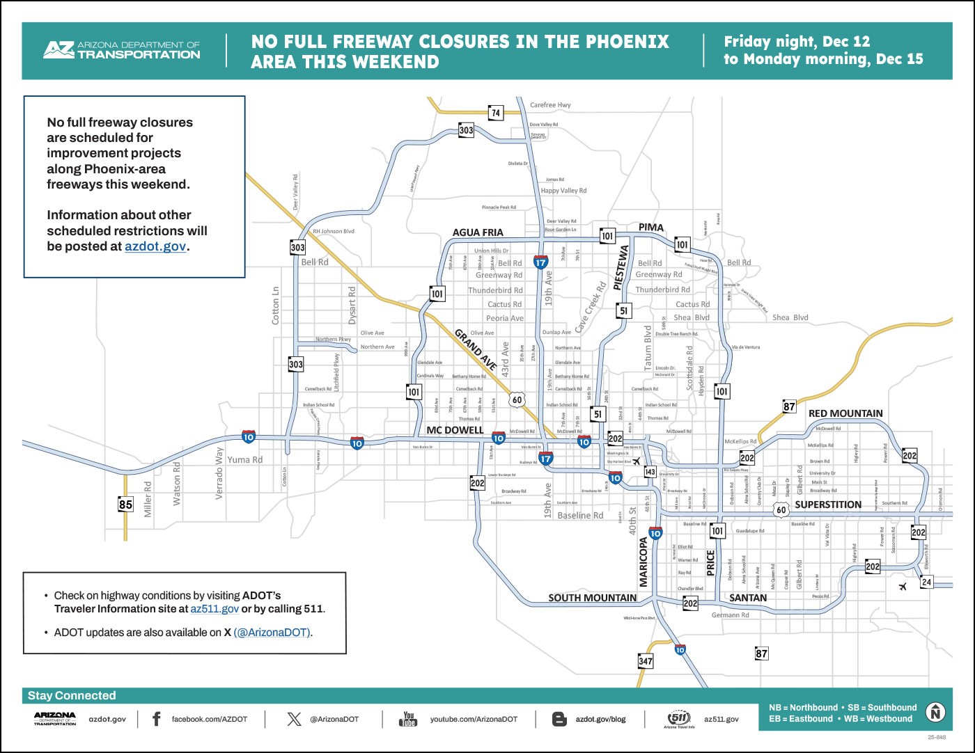 ADOT's Weekend Freeway Travel Advisory Map (Dec. 12-15, '25) The Phoenix Area