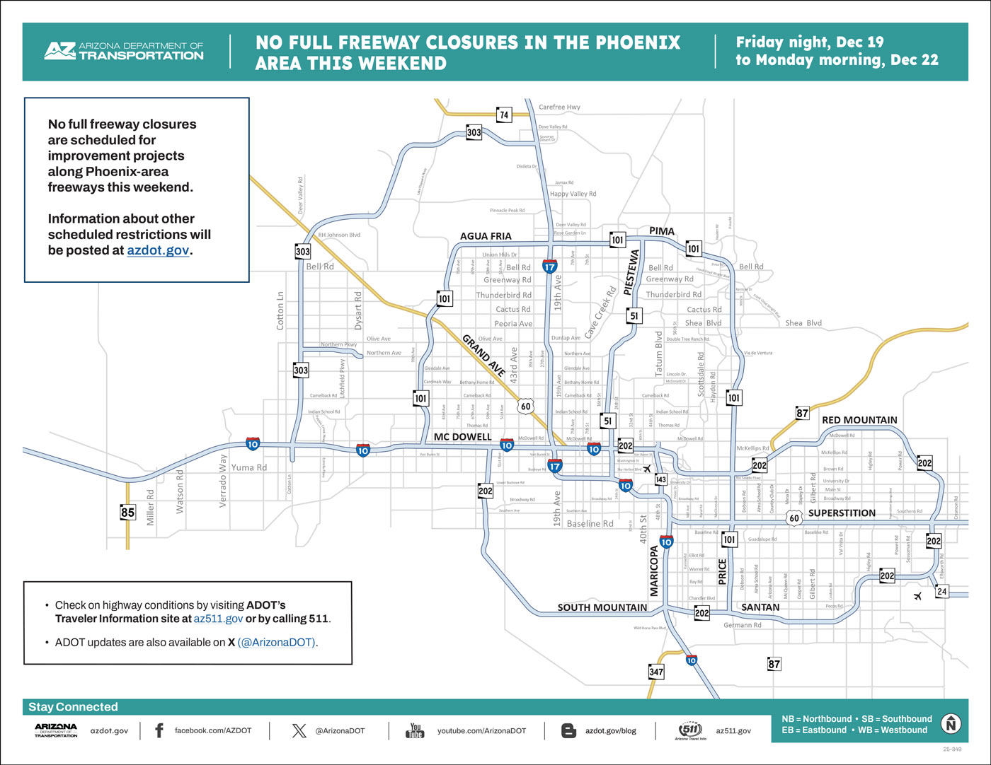 ADOT's Weekend Freeway Travel Advisory Map (Dec. 19-22, '25b) The Phoenix Area