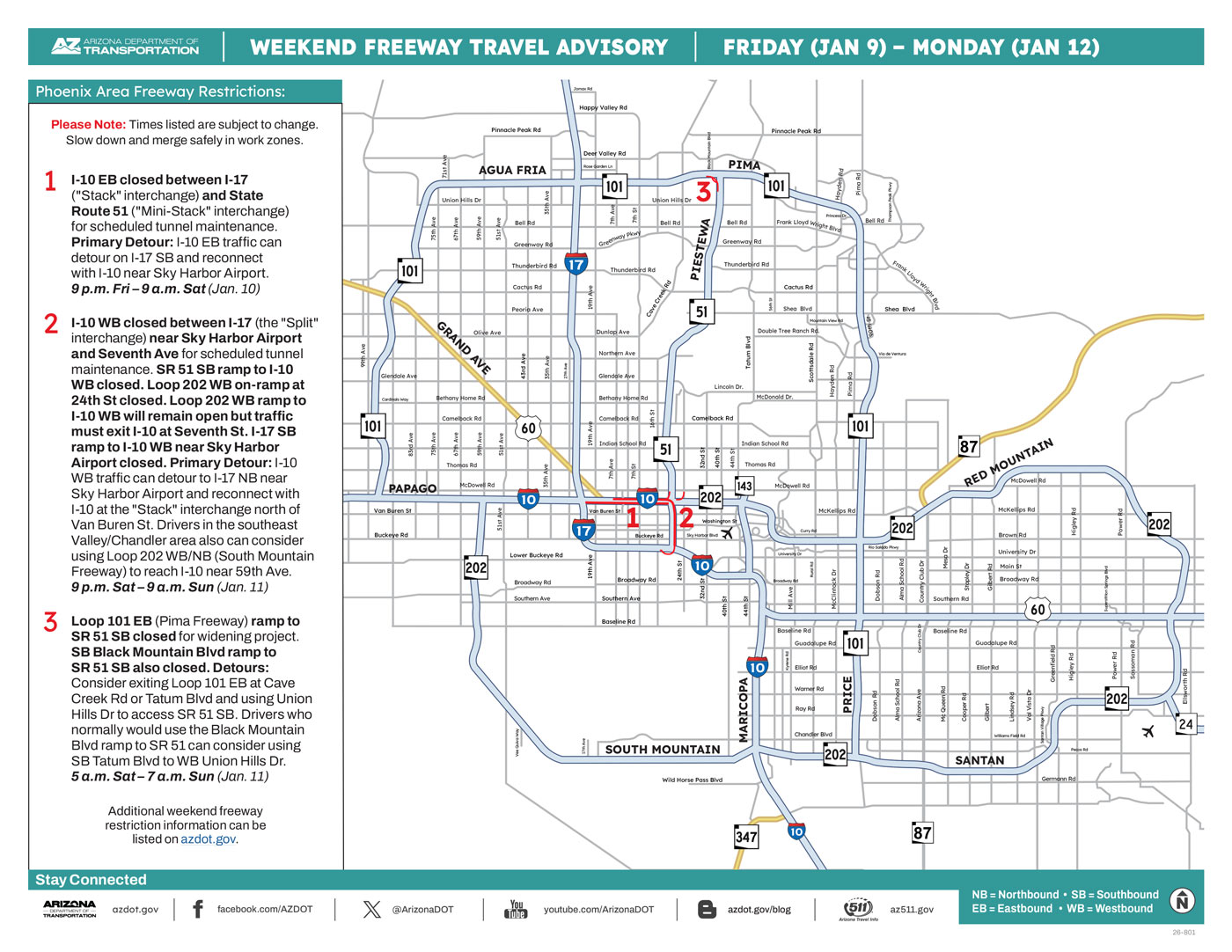ADOT's Weekend Freeway Travel Advisory Map (Jan. 9-12, '26) The Phoenix Area