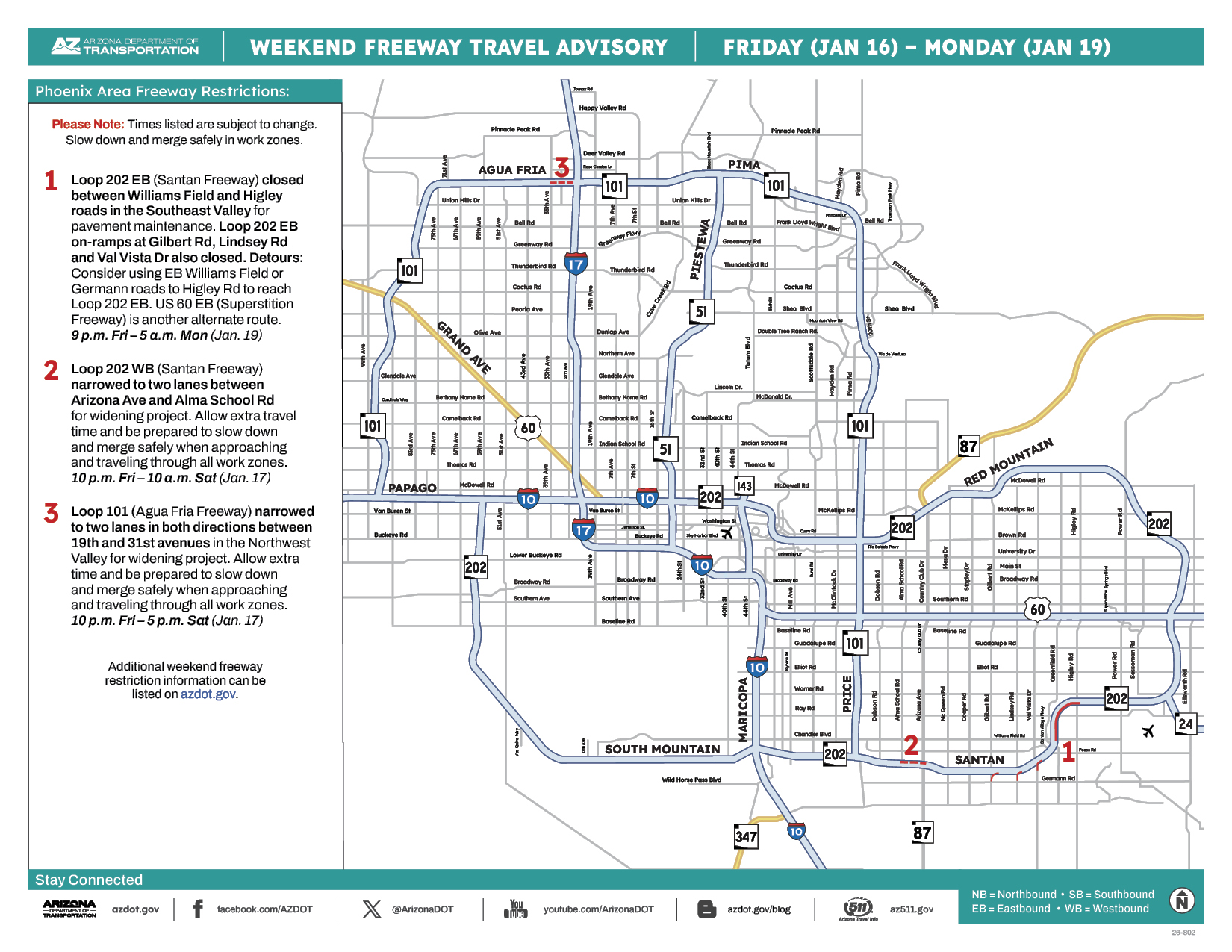ADOT's Weekend Freeway Travel Advisory Map (Jan. 16-19, '26) Phoenix Area