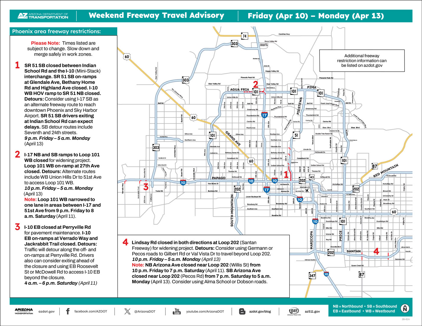 ADOT's Weekend Freeway Travel Advisory Map (April 10-13, '26) The Phoenix Area