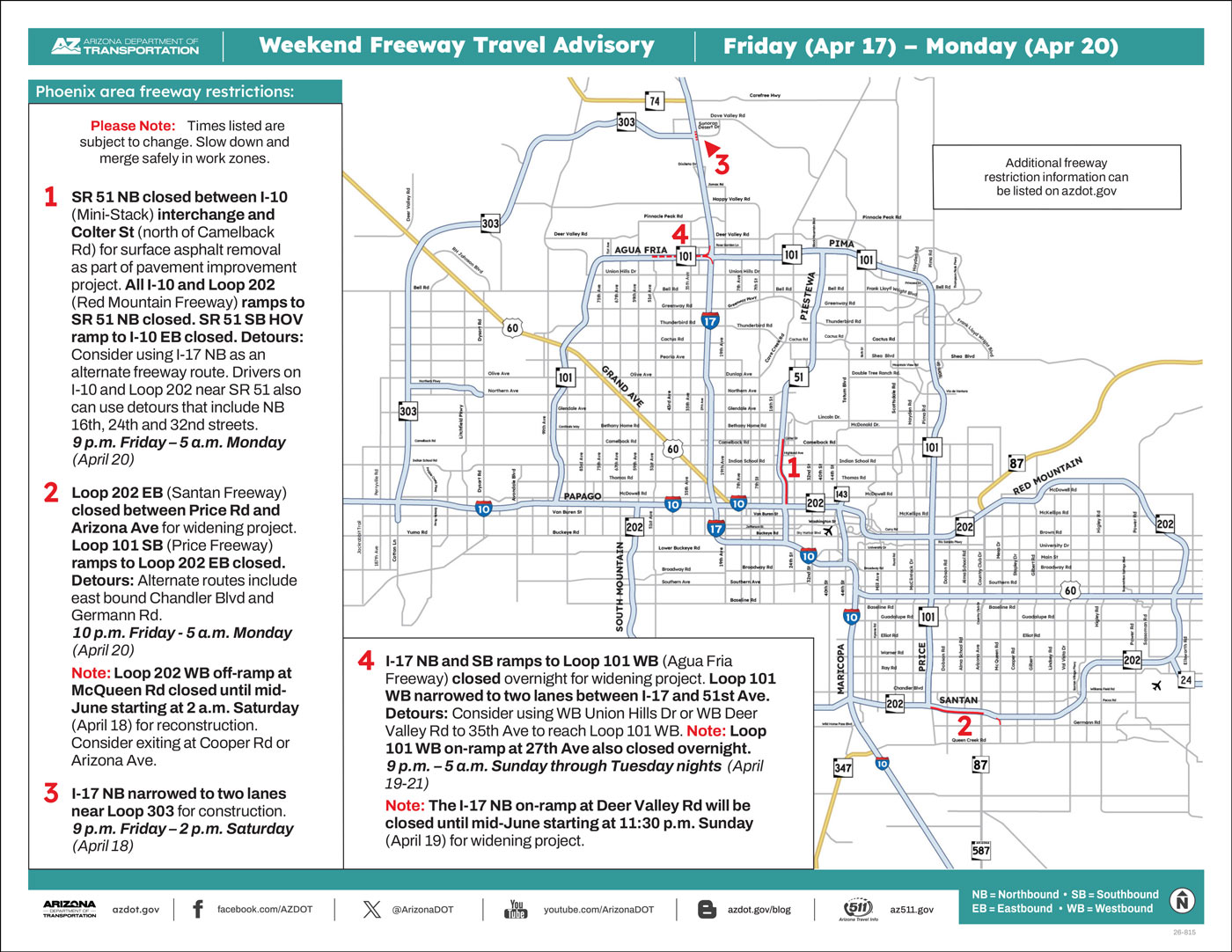ADOT's Weekend Freeway Travel Advisory Map (April 17-20, '26) The Phoenix Area