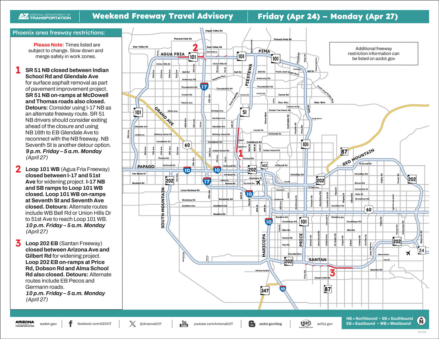 ADOT's Weekend Freeway Travel Advisory Map (April 24-27, '26B) The Phoenix Area