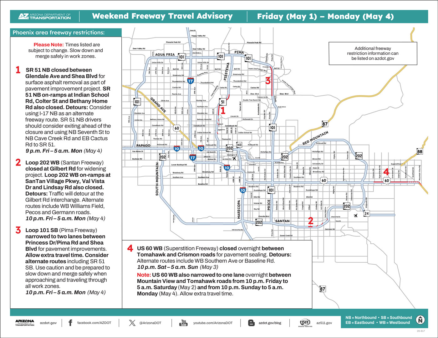 ADOT's Weekend Freeway Travel Advisory Map (May 1-4, '26B) The Phoenix Area