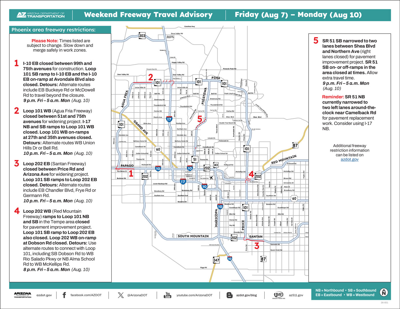 ADOT's Weekend Freeway Travel Advisory Map (Aug. 7-10, '26B) The Phoenix Area