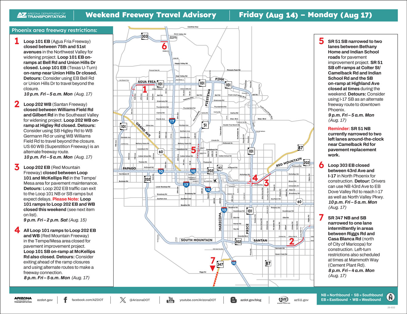 ADOT's Weekend Freeway Travel Advisory Map (Aug. 14-17, '26) The Phoenix Area